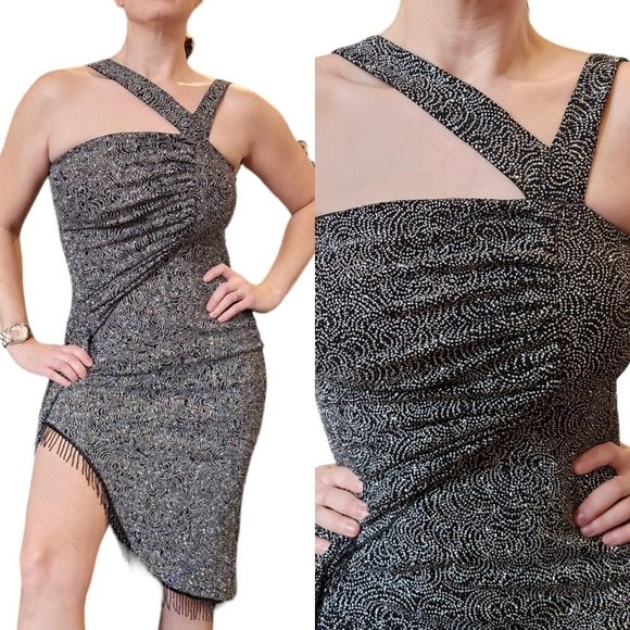 Vintage Dresses & Skirts - 90s Y2K Black‎ Sparkle Silver Glitter Stretch Cocktail Dress Fringe Side Slit Sm